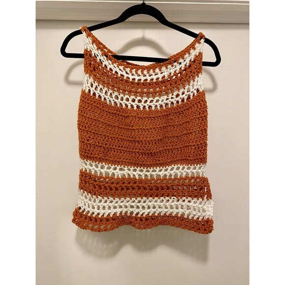 Handmade Crochet Sleeveless top Womens Med Cottage core Orange Boho 1970s hippie - Picture 1 of 8